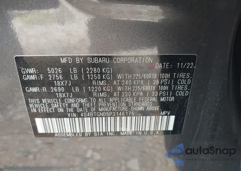 2023 Subaru Outback Limited Xt from USA, damaged, VIN 4S4BTGND5P3146175